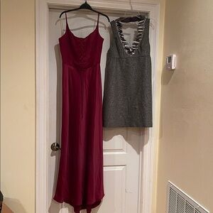 Elegant Red Gown and Gray Dress